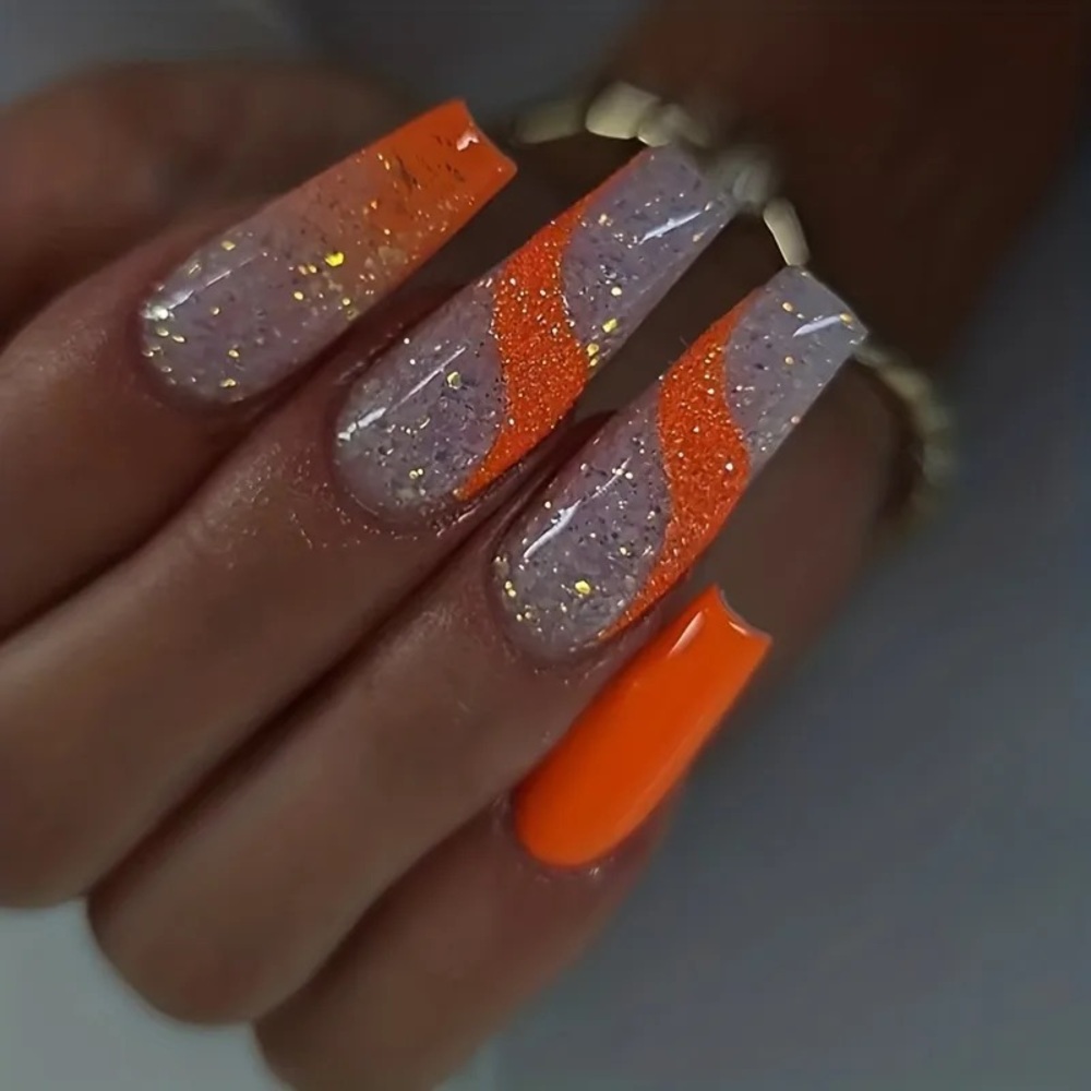 Orange Glitter Press On Nail Art